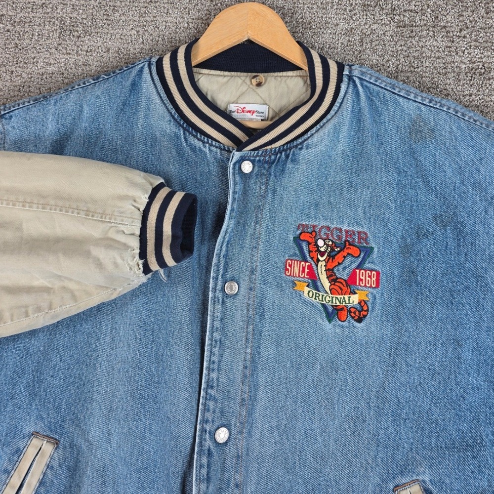 Vintage Disney Store Tigger Original Denim Varsity Jacket‎ Large Bomber Thrashed